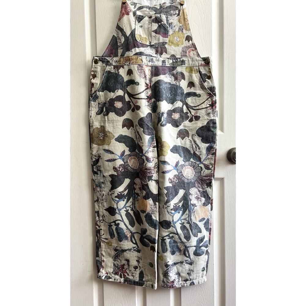 SM WARDROBE Floral Ladybug Cotton Canvas Wide Leg Gardening Overalls Jumper Sz L - Picture 3 of 16